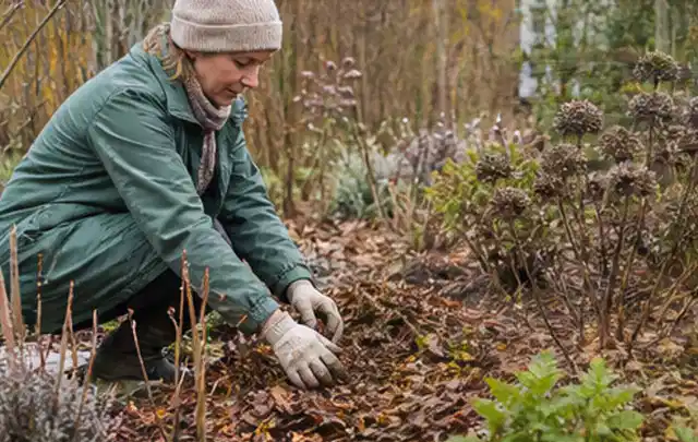 Person verteilt eine schützende Mulchschicht zwischen winterlichen Stauden; Thema Dahlien, Schwerpunkt Rückschnitt; Praxisalltag.