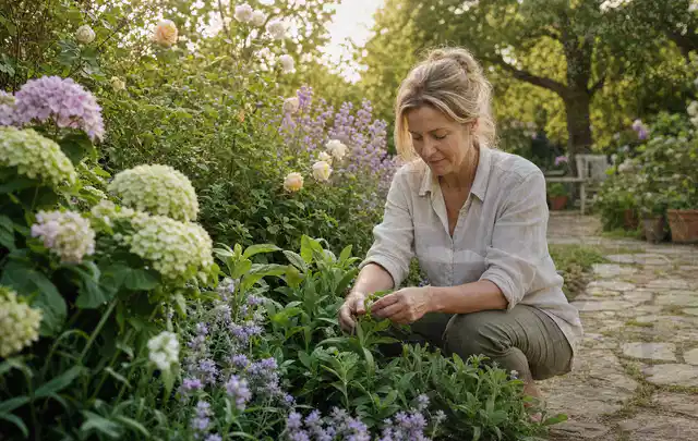 Person pflegt üppige Pflanzen in einem natürlich beleuchteten Garten; Thema Dahlien, Schwerpunkt Sortenwahl; Kontrolle.