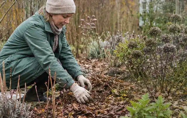 Person verteilt eine schützende Mulchschicht zwischen winterlichen Stauden; Thema Dahlien, Schwerpunkt Standort; Ausgangslage.
