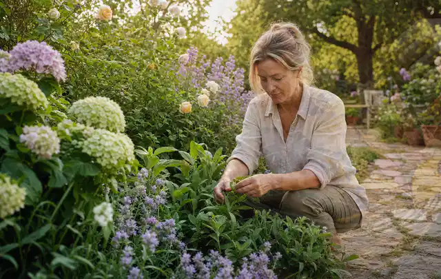 Person pflegt üppige Pflanzen in einem natürlich beleuchteten Garten; Thema Dahlien, Schwerpunkt Standort; Praxisalltag.