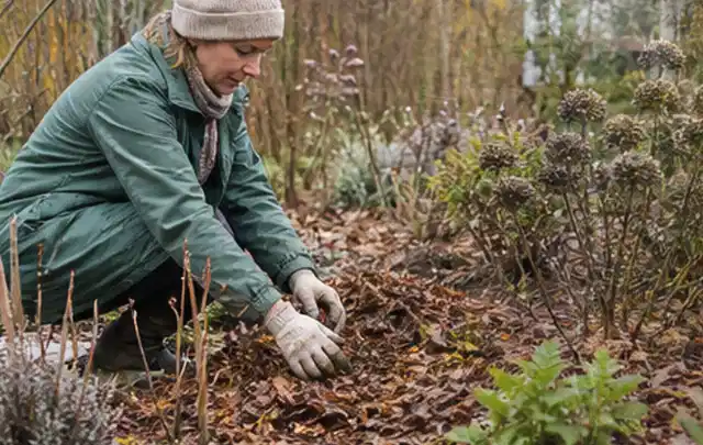Person verteilt eine schützende Mulchschicht zwischen winterlichen Stauden; Thema Dahlien, Schwerpunkt Topfkultur; Ausgangslage.