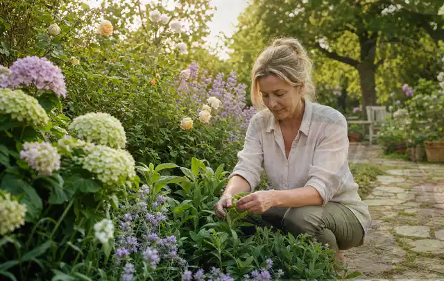 Person pflegt üppige Pflanzen in einem natürlich beleuchteten Garten; Thema Dahlien, Schwerpunkt Topfkultur; Umsetzung.