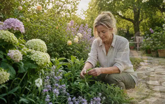Person pflegt üppige Pflanzen in einem natürlich beleuchteten Garten; Thema Dahlien, Schwerpunkt Vermehrung; Umsetzung.