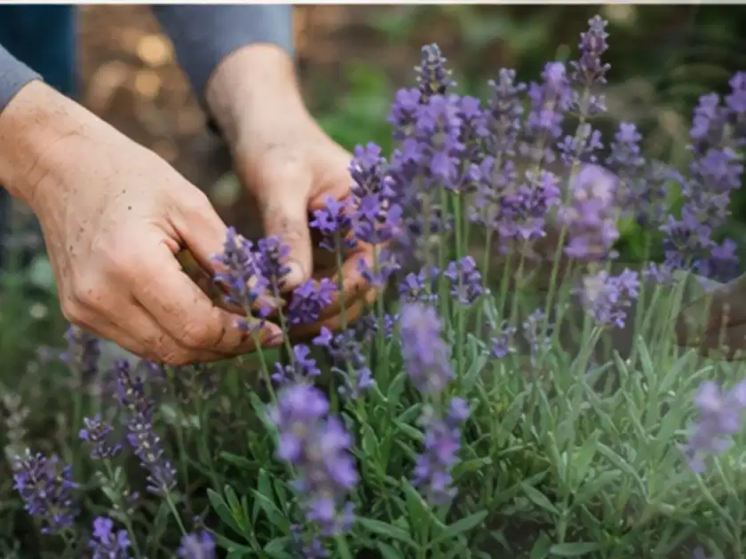 Hände pflegen blühenden Lavendel in einem natürlich angelegten Gartenbeet; Thema Dahlien, Schwerpunkt Wachstum; Titelbild.