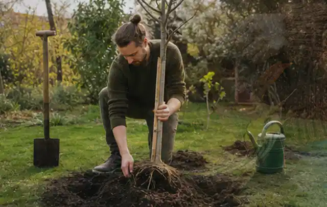 Person setzt einen jungen Zierbaum in ein vorbereitetes Pflanzloch im Garten; Thema Dahlien, Schwerpunkt Winterpflege; Praxisalltag.