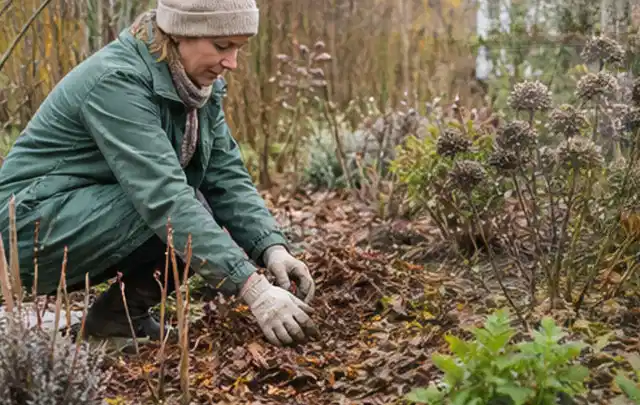 Person verteilt eine schützende Mulchschicht zwischen winterlichen Stauden; Thema Dickmaulrüssler, Schwerpunkt Bestimmung; Umsetzung.
