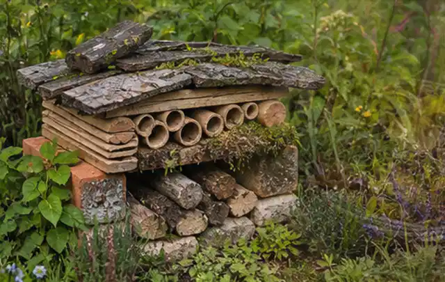 Naturnaher Unterschlupf aus Holz Rinde und Pflanzenstängeln im Garten; Thema Dickmaulrüssler, Schwerpunkt Bestimmung; Praxisalltag.
