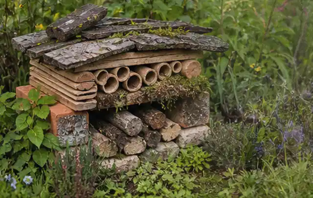 Naturnaher Unterschlupf aus Holz Rinde und Pflanzenstängeln im Garten; Thema Dickmaulrüssler, Schwerpunkt Biologie; Kontrolle.