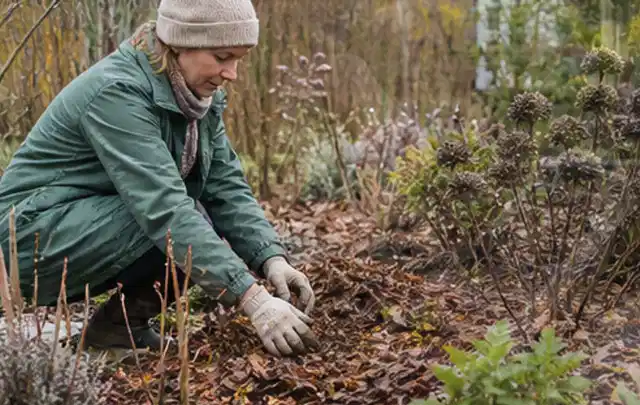 Person verteilt eine schützende Mulchschicht zwischen winterlichen Stauden; Thema Dickmaulrüssler, Schwerpunkt Biologie; Praxisalltag.