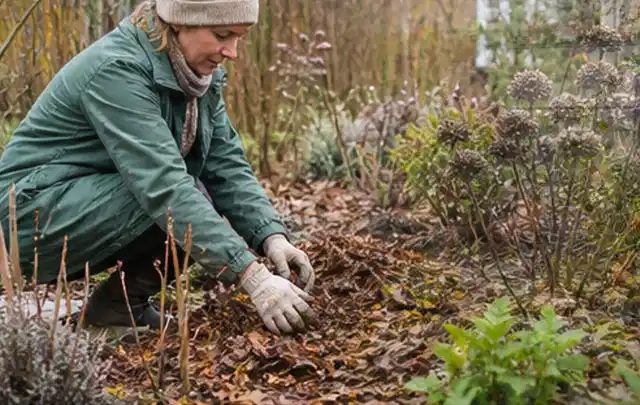 Person verteilt eine schützende Mulchschicht zwischen winterlichen Stauden; Thema Dickmaulrüssler, Schwerpunkt Gewächshaus; Praxisalltag.