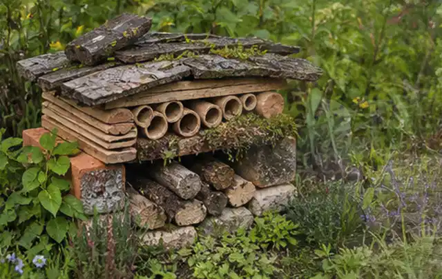 Naturnaher Unterschlupf aus Holz Rinde und Pflanzenstängeln im Garten; Thema Dickmaulrüssler, Schwerpunkt Giftfreie Hilfe; Kontrolle.