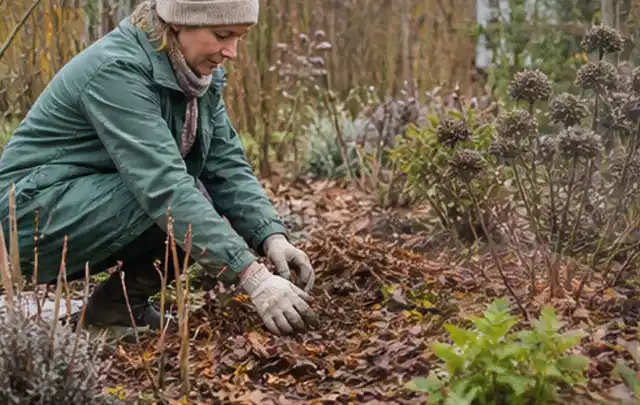 Person verteilt eine schützende Mulchschicht zwischen winterlichen Stauden; Thema Dickmaulrüssler, Schwerpunkt Giftfreie Hilfe; Praxisalltag.