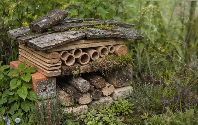 Naturnaher Unterschlupf aus Holz Rinde und Pflanzenstängeln im Garten; Thema Dickmaulrüssler, Schwerpunkt Hausmittel; Ausgangslage.