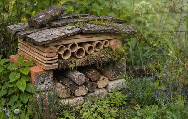 Naturnaher Unterschlupf aus Holz Rinde und Pflanzenstängeln im Garten; Thema Dickmaulrüssler, Schwerpunkt Natürliche Bekämpfung; Ausgangslage.