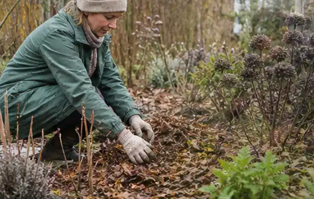 Person verteilt eine schützende Mulchschicht zwischen winterlichen Stauden; Thema Dickmaulrüssler, Schwerpunkt Natürliche Bekämpfung; Kontrolle.