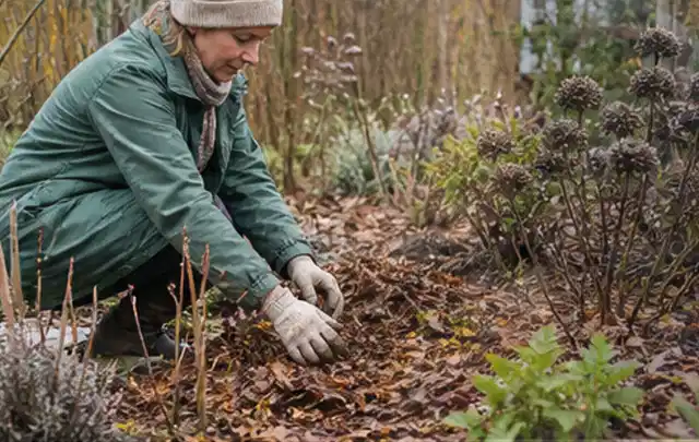Person verteilt eine schützende Mulchschicht zwischen winterlichen Stauden; Thema Dickmaulrüssler, Schwerpunkt Nützlinge; Kontrolle.