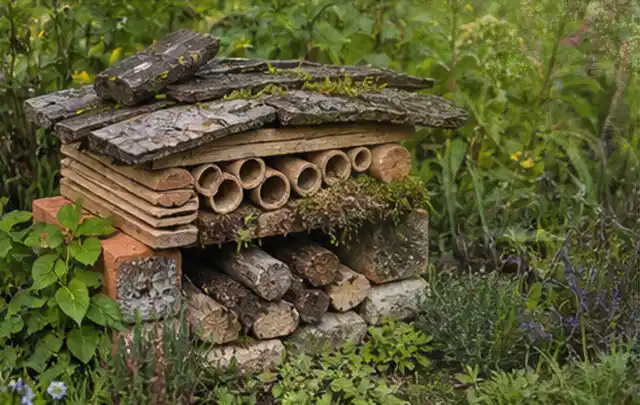 Naturnaher Unterschlupf aus Holz Rinde und Pflanzenstängeln im Garten; Thema Dickmaulrüssler, Schwerpunkt Nützlinge; Ergebnis.