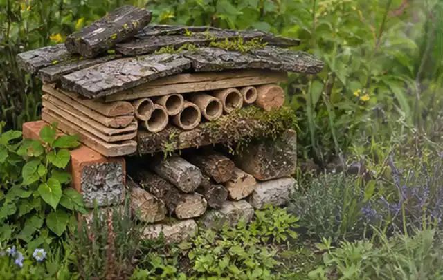 Naturnaher Unterschlupf aus Holz Rinde und Pflanzenstängeln im Garten; Thema Dickmaulrüssler, Schwerpunkt Pflanzenhilfe; Ausgangslage.