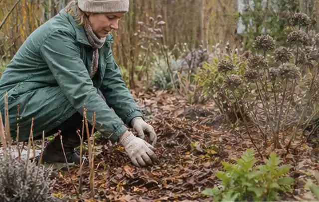 Person verteilt eine schützende Mulchschicht zwischen winterlichen Stauden; Thema Dickmaulrüssler, Schwerpunkt Pflanzenhilfe; Praxisalltag.