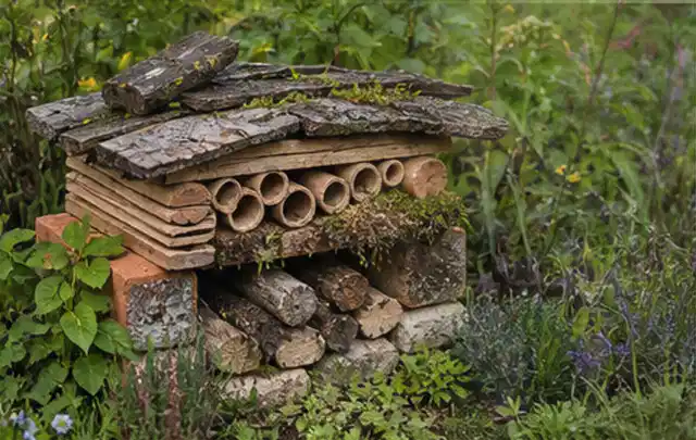 Naturnaher Unterschlupf aus Holz Rinde und Pflanzenstängeln im Garten; Thema Dickmaulrüssler, Schwerpunkt Saison; Umsetzung.