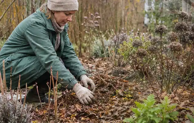 Person verteilt eine schützende Mulchschicht zwischen winterlichen Stauden; Thema Dickmaulrüssler, Schwerpunkt Saison; Praxisalltag.