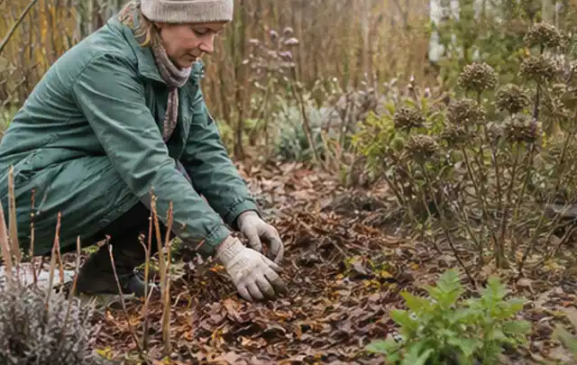 Person verteilt eine schützende Mulchschicht zwischen winterlichen Stauden; Thema Dickmaulrüssler, Schwerpunkt Schadbild; Ausgangslage.