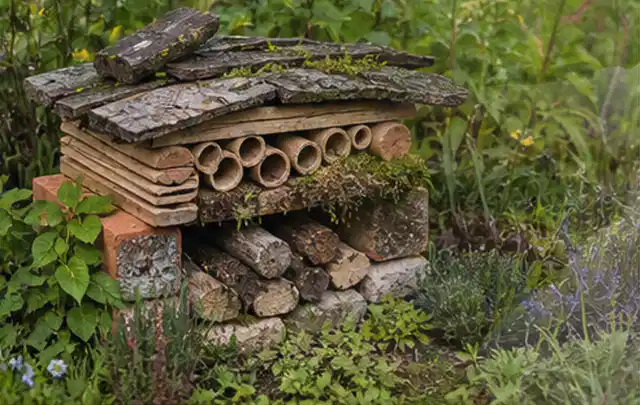 Naturnaher Unterschlupf aus Holz Rinde und Pflanzenstängeln im Garten; Thema Dickmaulrüssler, Schwerpunkt Schadbild; Kontrolle.