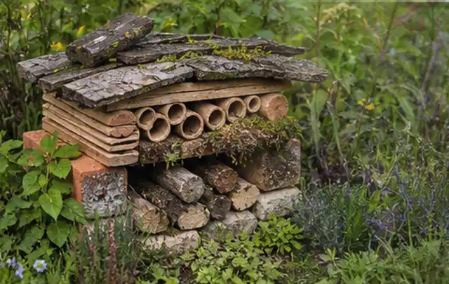 Naturnaher Unterschlupf aus Holz Rinde und Pflanzenstängeln im Garten; Thema Dickmaulrüssler, Schwerpunkt Soforthilfe; Umsetzung.