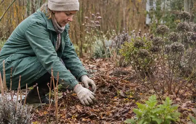 Person verteilt eine schützende Mulchschicht zwischen winterlichen Stauden; Thema Dickmaulrüssler, Schwerpunkt Ursachen; Ausgangslage.