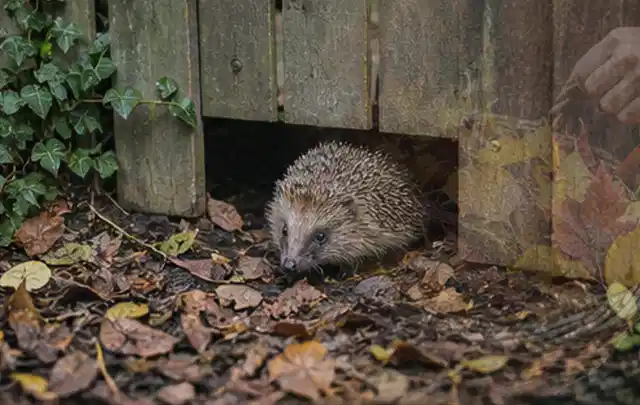 Igel nutzt einen bodennahen Durchgang unter einem hölzernen Gartenzaun; Thema Dickmaulrüssler, Schwerpunkt Ursachen; Ergebnis.
