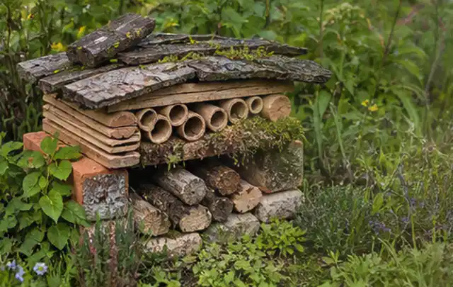 Naturnaher Unterschlupf aus Holz Rinde und Pflanzenstängeln im Garten; Thema Dickmaulrüssler, Schwerpunkt Ursachen; Praxisalltag.