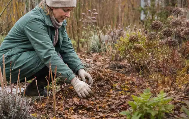Person verteilt eine schützende Mulchschicht zwischen winterlichen Stauden; Thema Dickmaulrüssler, Schwerpunkt Vorbeugung; Ausgangslage.