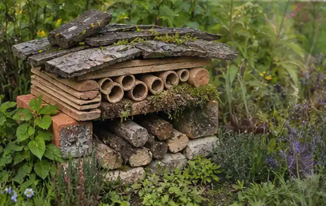 Naturnaher Unterschlupf aus Holz Rinde und Pflanzenstängeln im Garten; Thema Dickmaulrüssler, Schwerpunkt Vorbeugung; Ergebnis.