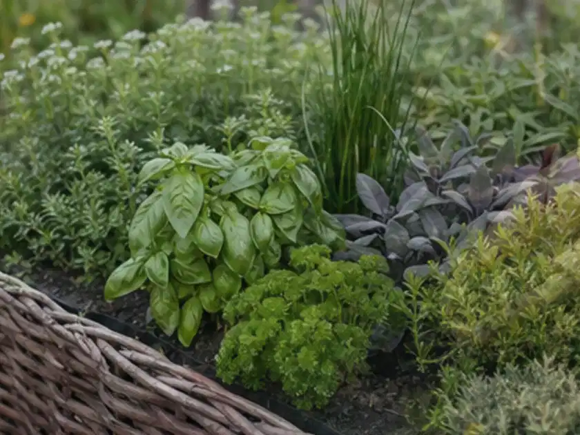 Dichtes Hochbeet mit Basilikum Schnittlauch Petersilie Salbei und weiteren Küchenkräutern; Thema Dill, Schwerpunkt Aussaat; Titelbild.