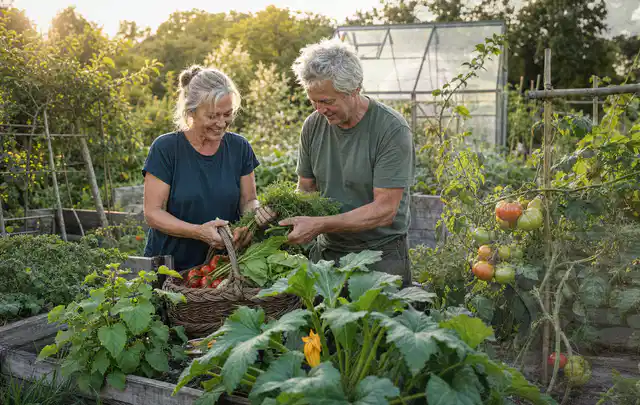 Zwei Personen ernten gemeinsam Gemüse in einem sonnigen Nutzgarten; Thema Dill, Schwerpunkt Boden; Praxisalltag.