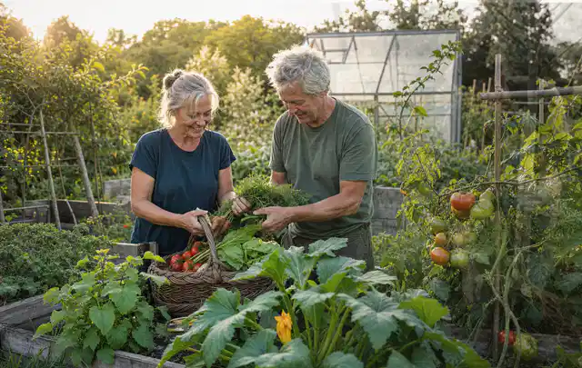 Zwei Personen ernten gemeinsam Gemüse in einem sonnigen Nutzgarten; Thema Dill, Schwerpunkt Einsteigerwissen; Umsetzung.