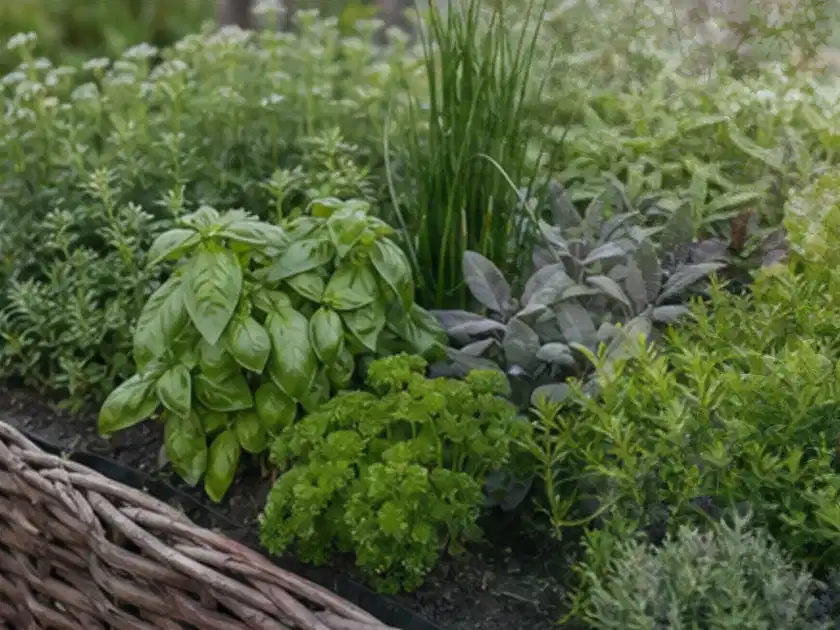 Dichtes Hochbeet mit Basilikum Schnittlauch Petersilie Salbei und weiteren Küchenkräutern; Thema Dill, Schwerpunkt Ernte; Titelbild.