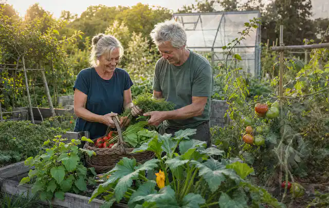 Zwei Personen ernten gemeinsam Gemüse in einem sonnigen Nutzgarten; Thema Dill, Schwerpunkt Ernteprobleme; Umsetzung.
