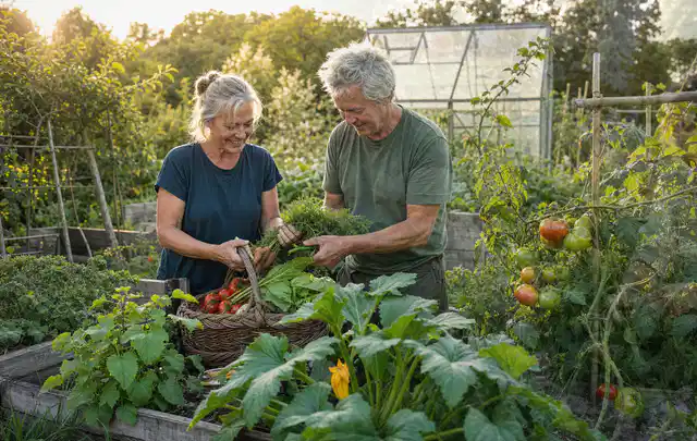 Zwei Personen ernten gemeinsam Gemüse in einem sonnigen Nutzgarten; Thema Dill, Schwerpunkt Fehlerhilfe; Praxisalltag.