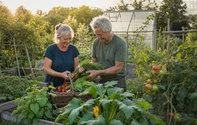 Zwei Personen ernten gemeinsam Gemüse in einem sonnigen Nutzgarten; Thema Dill, Schwerpunkt Gesundheit; Kontrolle.