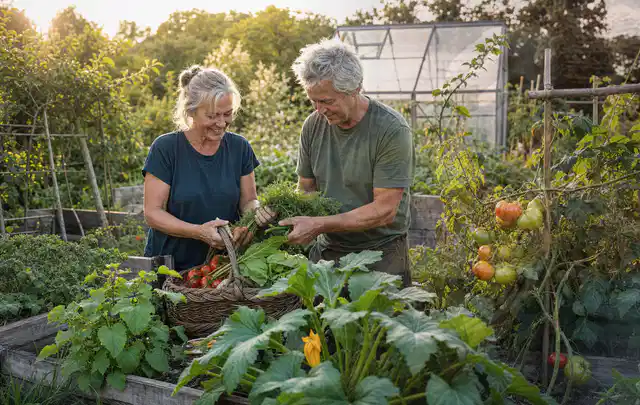 Zwei Personen ernten gemeinsam Gemüse in einem sonnigen Nutzgarten; Thema Dill, Schwerpunkt Gewächshaus; Ausgangslage.