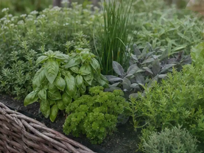 Dichtes Hochbeet mit Basilikum Schnittlauch Petersilie Salbei und weiteren Küchenkräutern; Thema Dill, Schwerpunkt Lagerung; Titelbild.