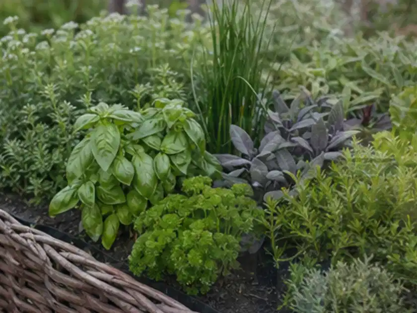 Dichtes Hochbeet mit Basilikum Schnittlauch Petersilie Salbei und weiteren Küchenkräutern; Thema Dill, Schwerpunkt Nährstoffe; Titelbild.