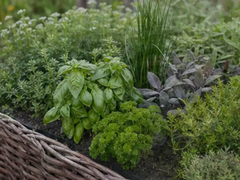 Dichtes Hochbeet mit Basilikum Schnittlauch Petersilie Salbei und weiteren Küchenkräutern; Thema Dill, Schwerpunkt Pflanzenschutz; Titelbild.