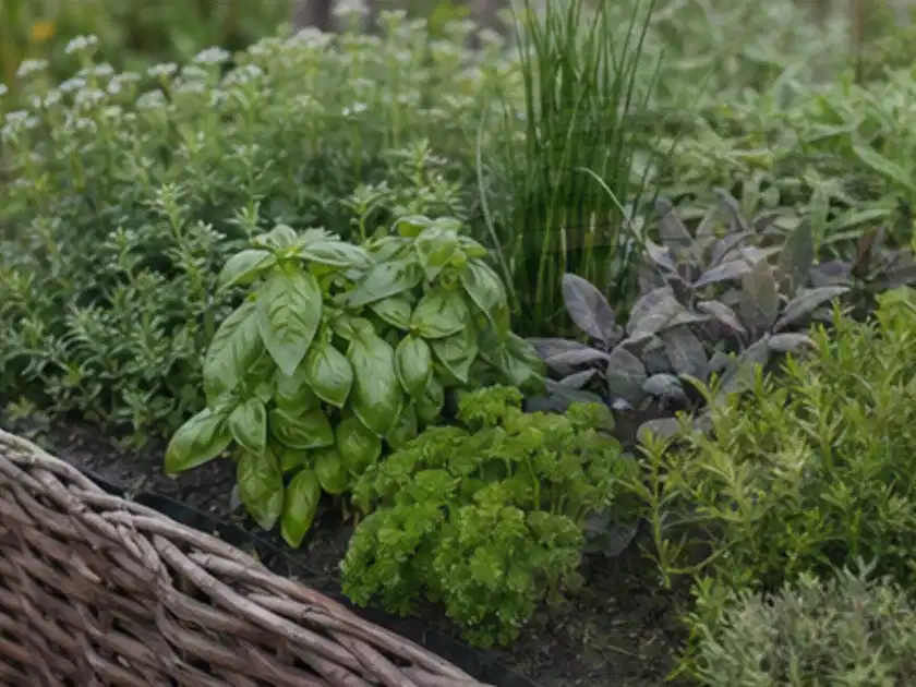 Dichtes Hochbeet mit Basilikum Schnittlauch Petersilie Salbei und weiteren Küchenkräutern; Thema Dill, Schwerpunkt Pflanzung; Titelbild.