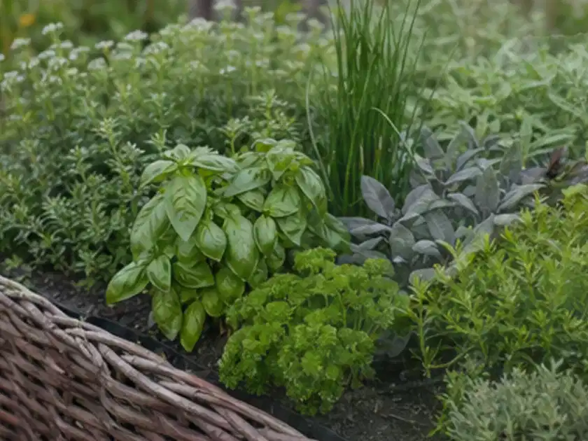 Dichtes Hochbeet mit Basilikum Schnittlauch Petersilie Salbei und weiteren Küchenkräutern; Thema Dill, Schwerpunkt Standort; Titelbild.