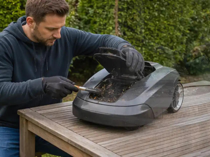 Person wartet einen geöffneten Mähroboter auf einem stabilen Gartentisch; Thema Dreame A1, Schwerpunkt Checkliste; Titelbild.