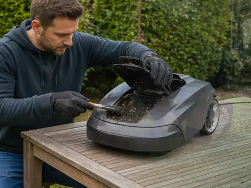 Person wartet einen geöffneten Mähroboter auf einem stabilen Gartentisch; Thema Dreame A1, Schwerpunkt Dimensionierung; Titelbild.