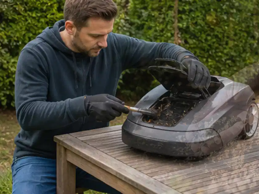 Person wartet einen geöffneten Mähroboter auf einem stabilen Gartentisch; Thema Dreame A1, Schwerpunkt Ersatzteile; Titelbild.