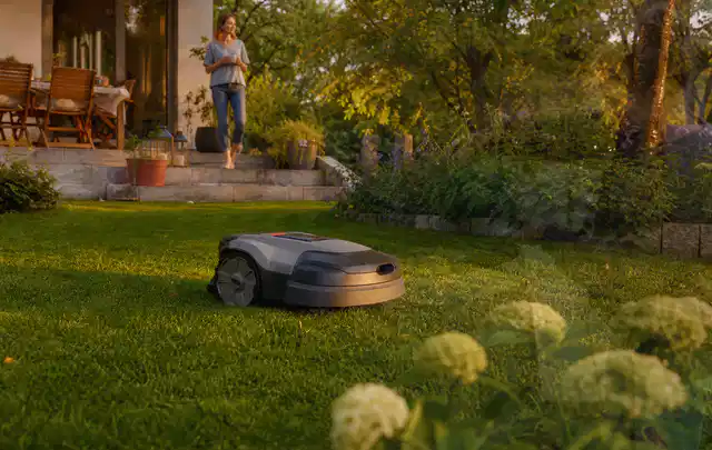 Mähroboter fährt am Abend über einen Rasen im Familiengarten; Thema Dreame A1, Schwerpunkt Fehlerhilfe; Kontrolle.